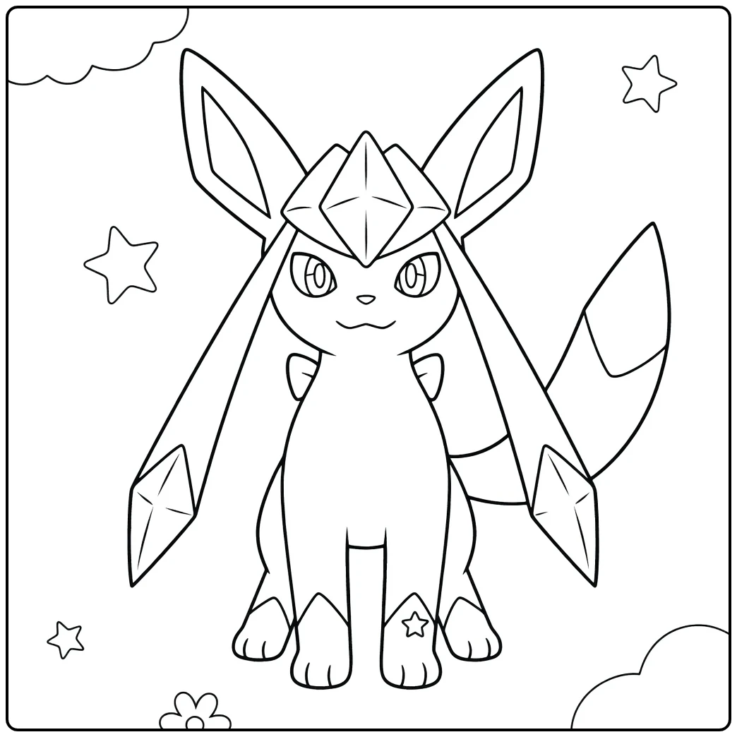 Pokemon Glaceon kleurplaat met sterren wolken