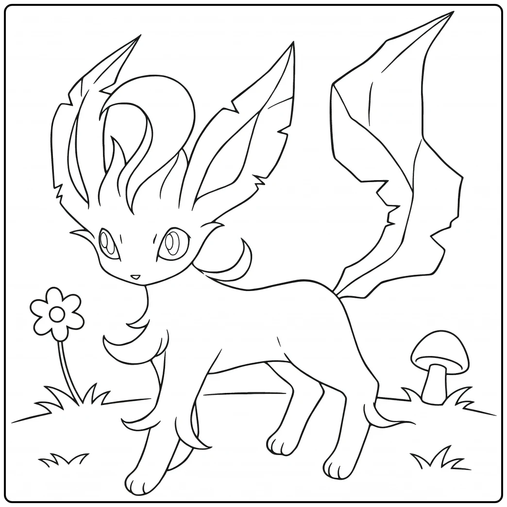 Pokemon Leafeon kleurplaat met bloem en paddenstoel