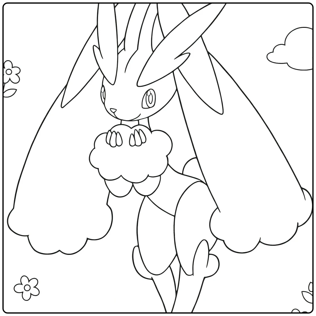 Pokemon Lopunny kleurplaat met bloemen en wolken