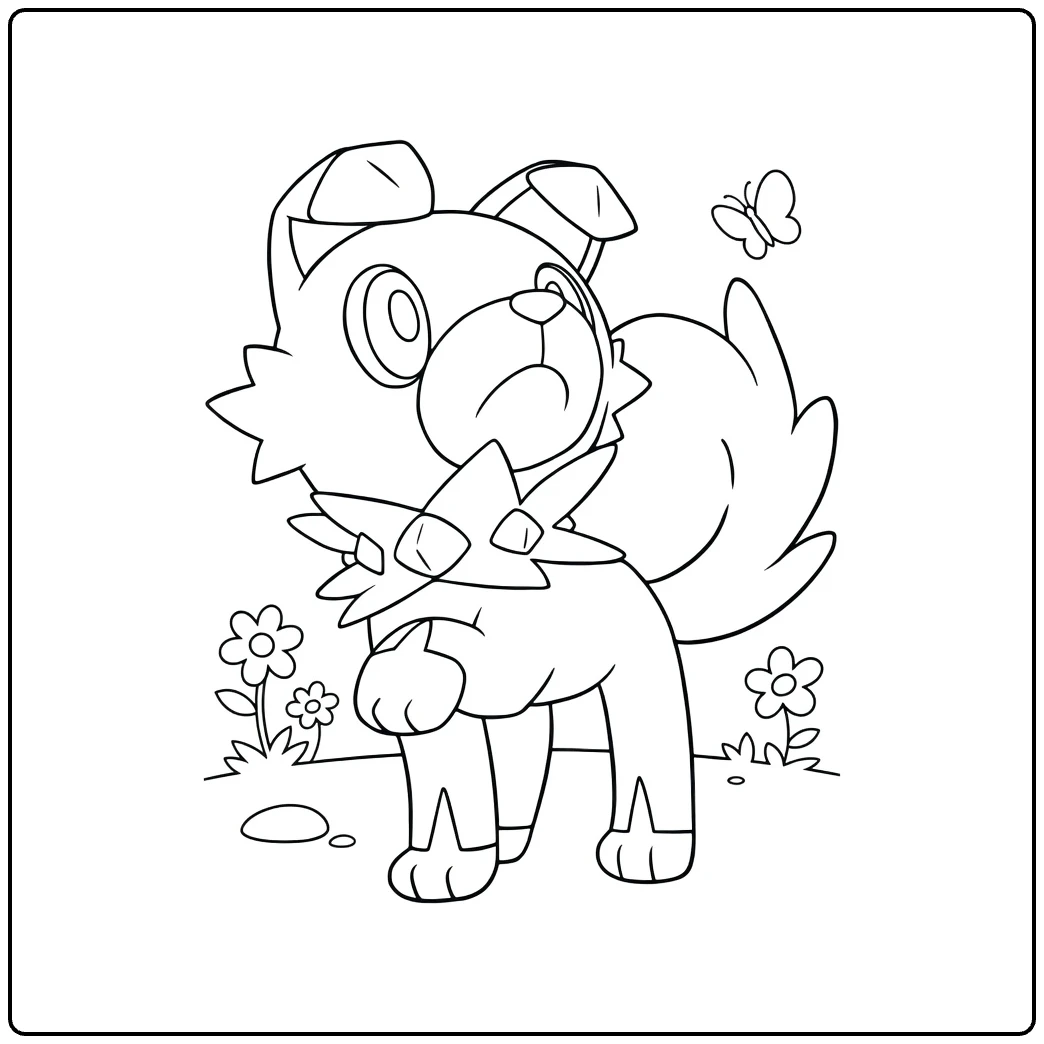 Pokemon Rockruff kleurplaat met vlinders en bloemen