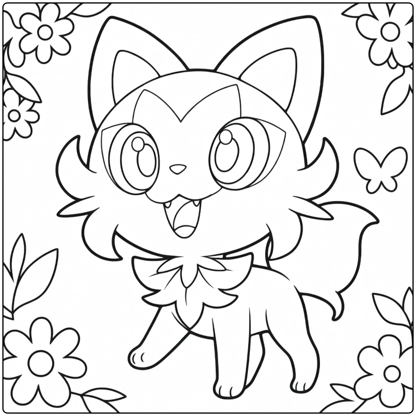 Pokemon Sprigatito kleurplaat met bloemen vlinders