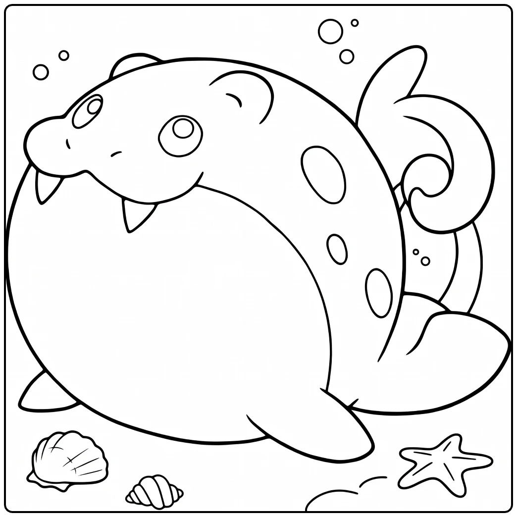Spheal Water Pokemon Kleurplaat met bubbels schelpen