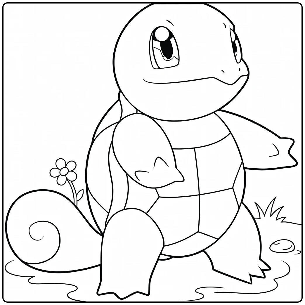 Squirtle Water Pokemon Kleurplaat met bloem en water