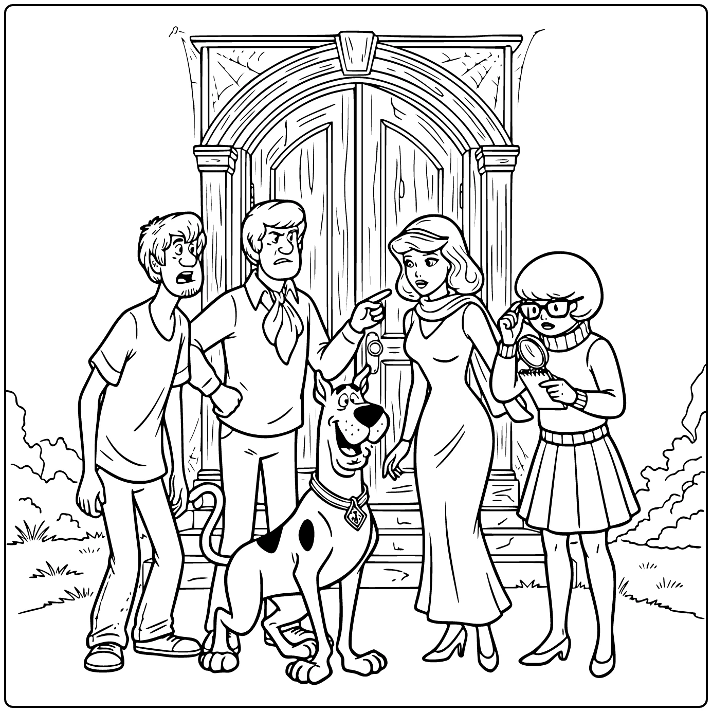 Scooby-Doo cartoon kleurplaat: bende onderzoekt