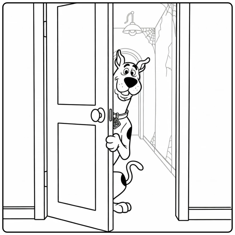 Scooby Doo kleurplaat: Scooby gluurt nerveus achter houten deur