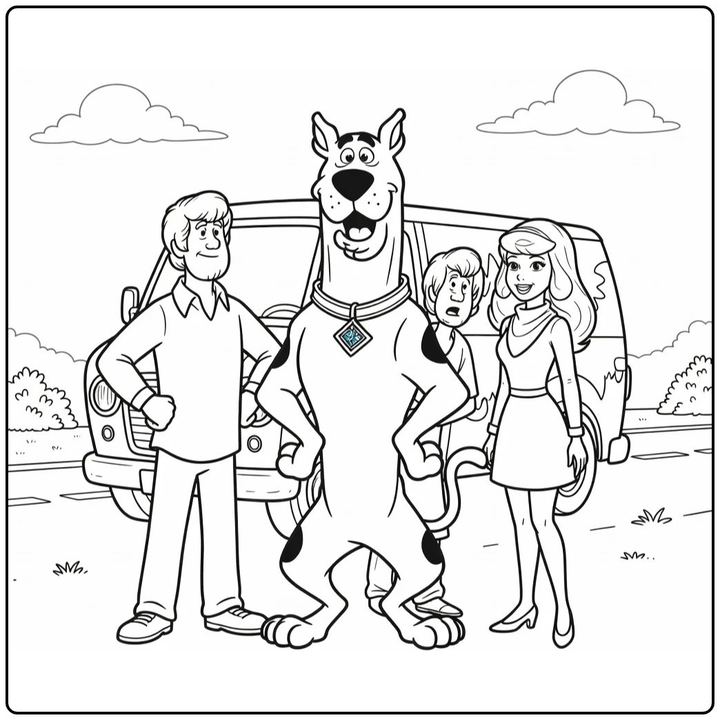 Scooby Doo kleurplaat: Scooby dapper voor Mystery Machine