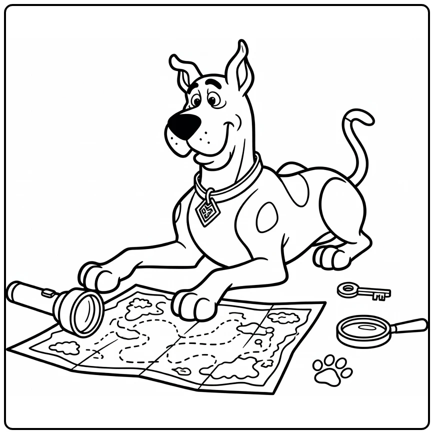 Scooby Doo kleurplaat: Scooby liggend bij kaart, zaklamp