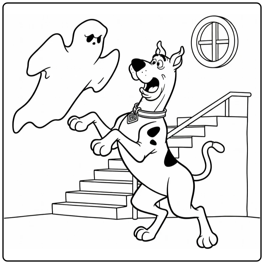 Scooby Doo kleurplaat: Scooby springt terug van spook