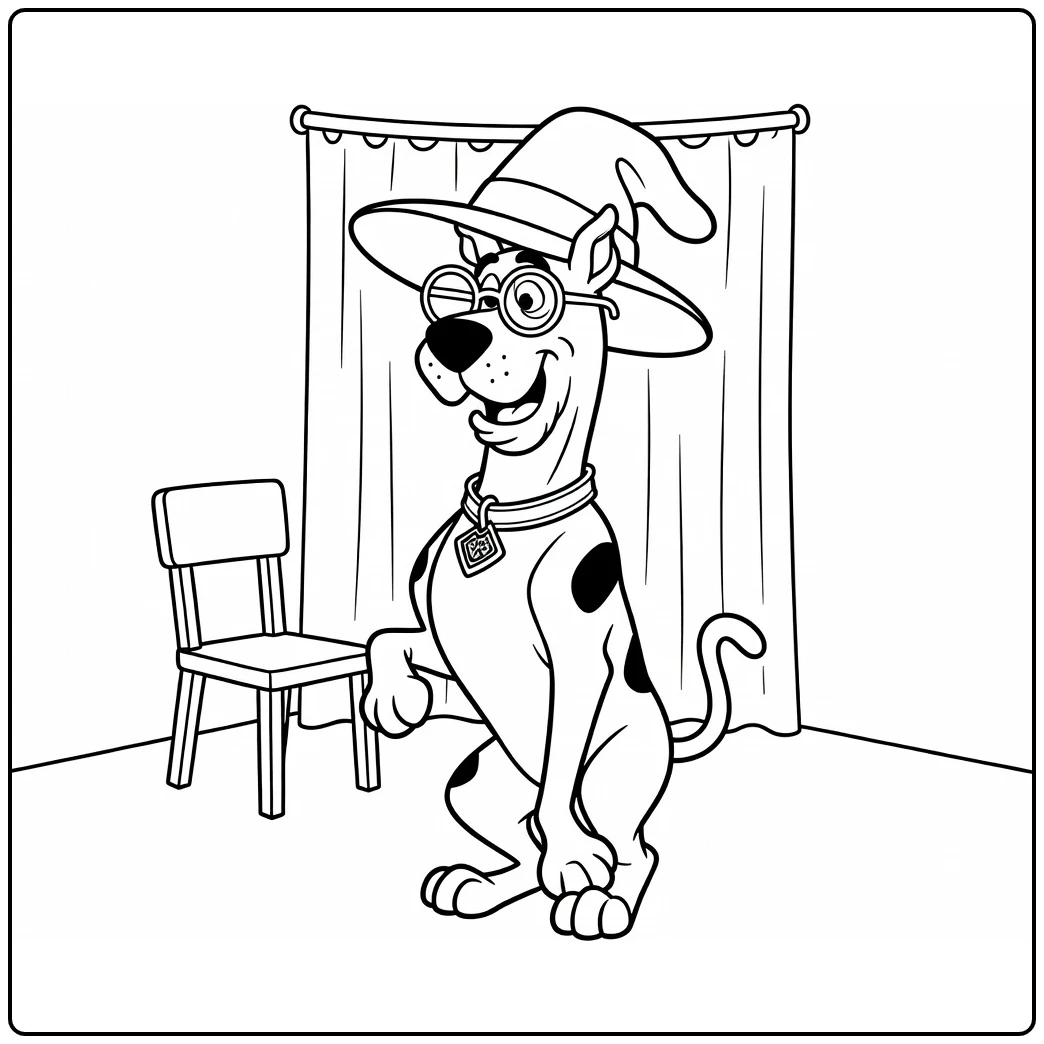 Scooby Doo kleurplaat: Scooby vermomd met grote bril en hoed