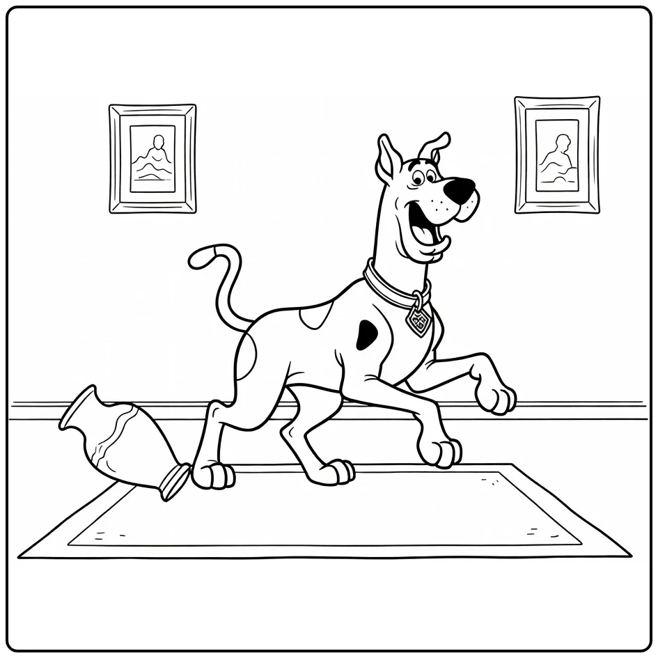 Scooby Doo kleurplaat: Scooby rent speels door mansionkamer met omgevallen vaas