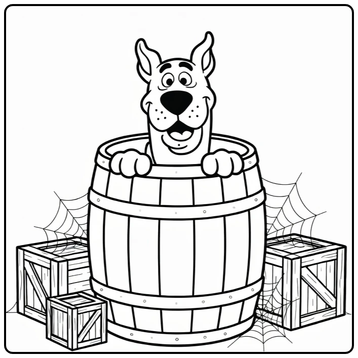 Scooby Doo kleurplaat: Scooby verstopt in ton met kop en poten uit