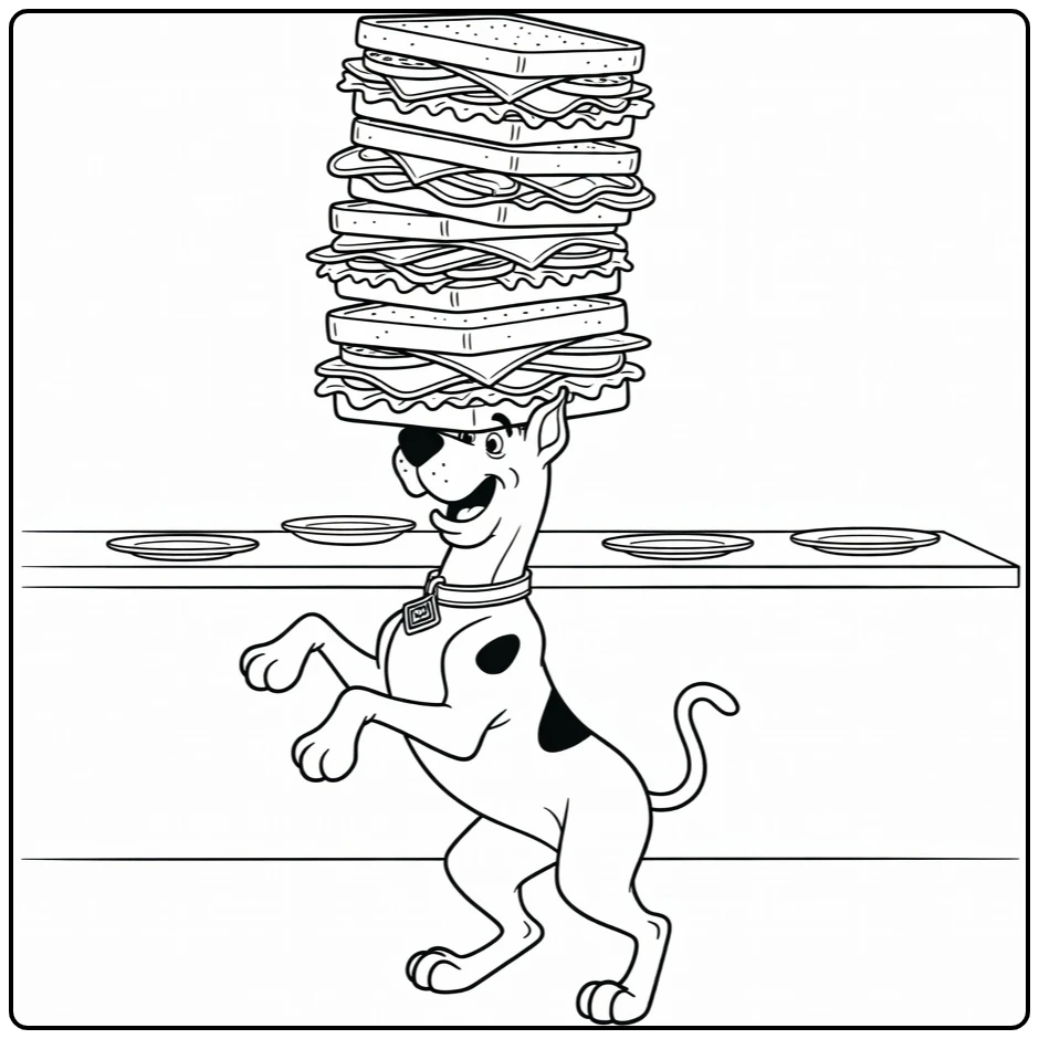 Scooby Doo kleurplaat: Scooby balanceert torenhoge sandwiches