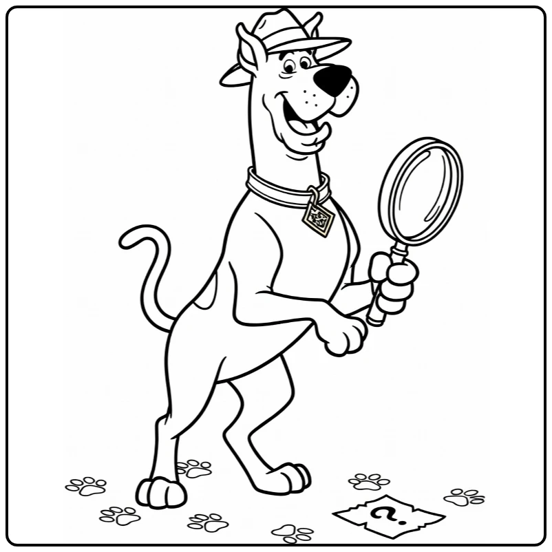 Scooby Doo kleurplaat: detectivehoed, vergrootglas, pootafdrukken