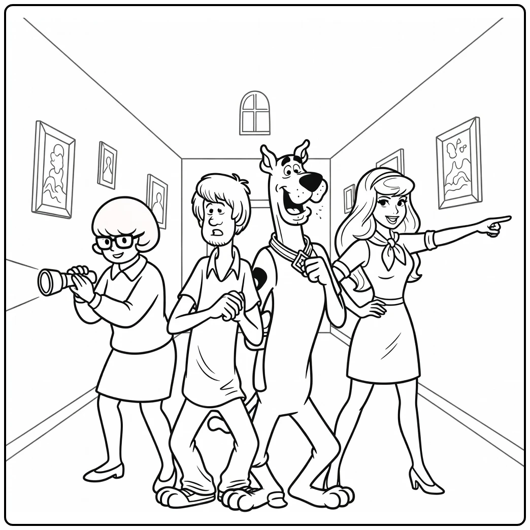Scooby Doo kleurplaat: Scooby verrast met bende in spookgang