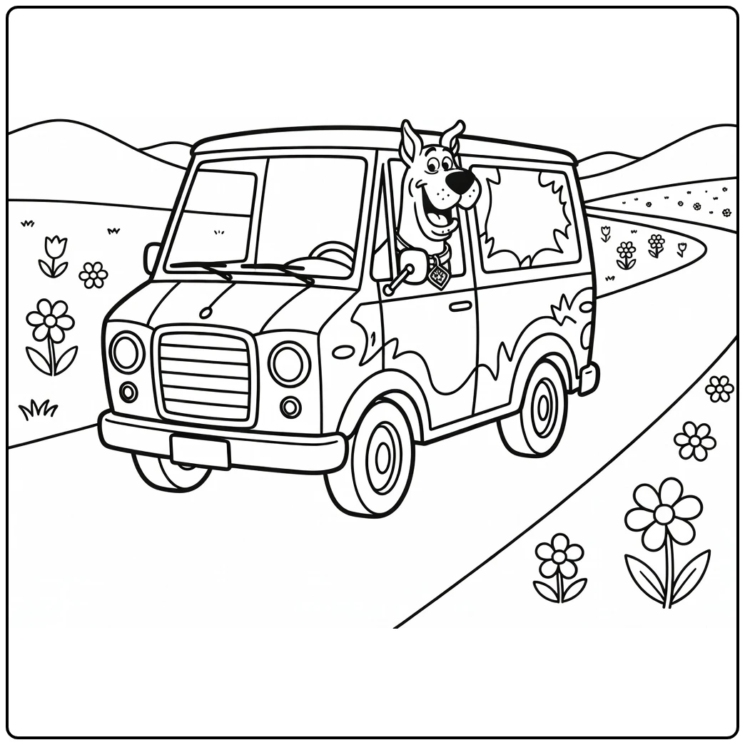 scooby doo kleurplaat: Scooby met hoofd uit Mystery Machine raam