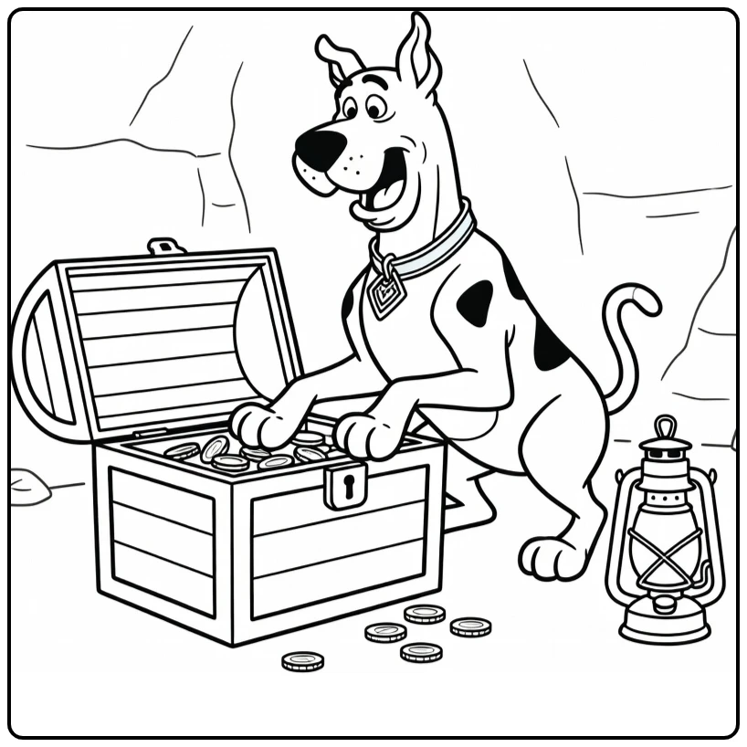 Scooby Doo kleurplaat: Scooby hurkend bij schatkist met munten