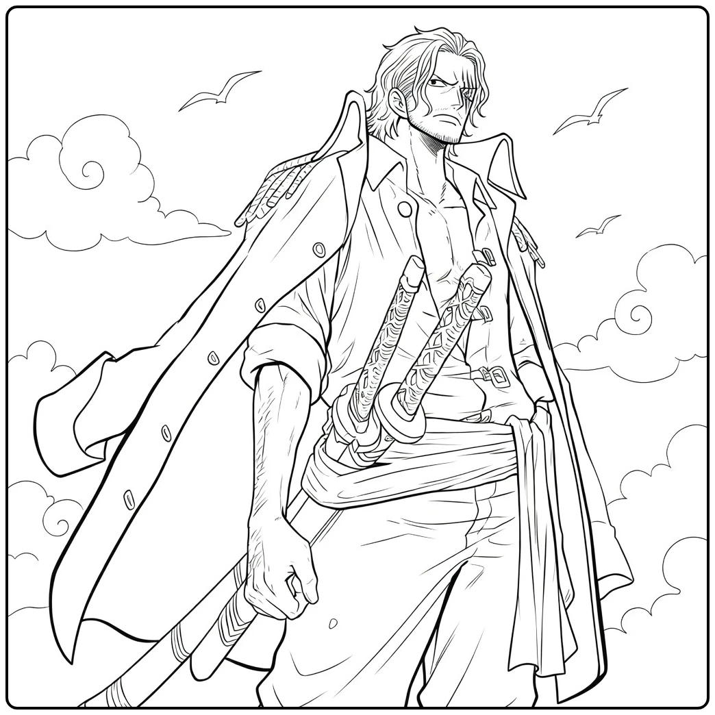 Shanks kleurplaat: One Piece piraat met zwaarden en mantel
