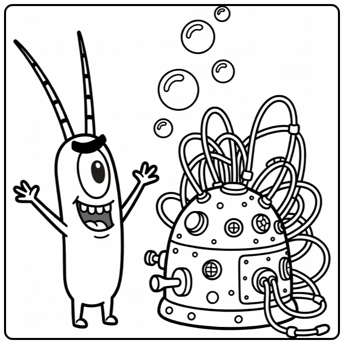 Sheldon J. Plankton Kleurplaat met uitvindingsmachine