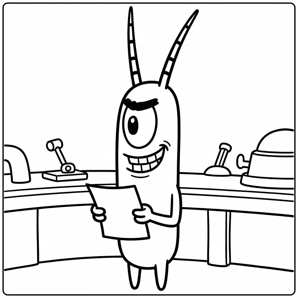Sheldon J. Plankton Kleurplaat met grijns in Chum Bucket