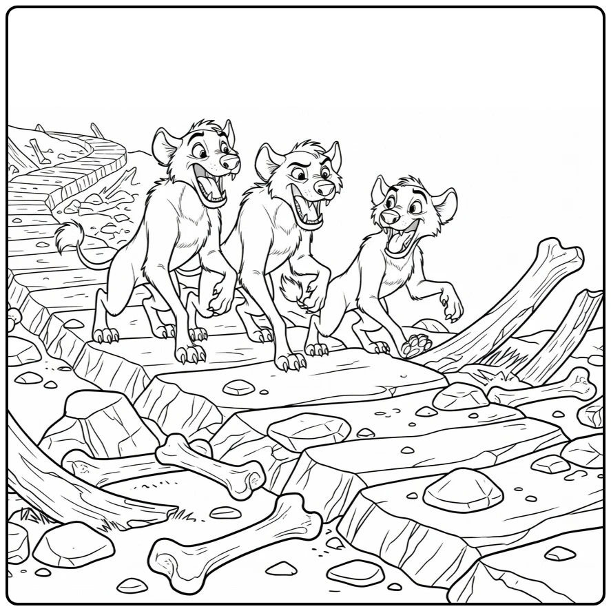 Shenzi, Banzai, Ed kleurplaat: lachende hyena's op rotsig pad in olifantenkerkhof