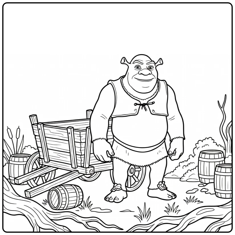 Shrek kleurplaat: Shrek bij houten kar in moeras met vaten