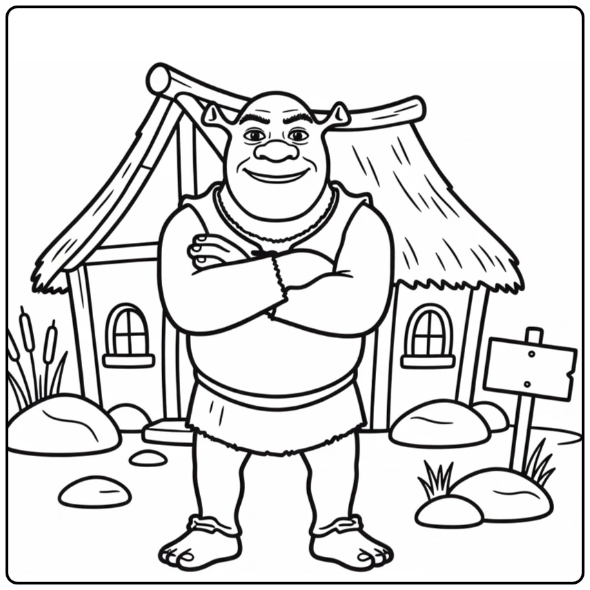 Shrek kleurplaat: Shrek trots voor knusse moerashut met riet