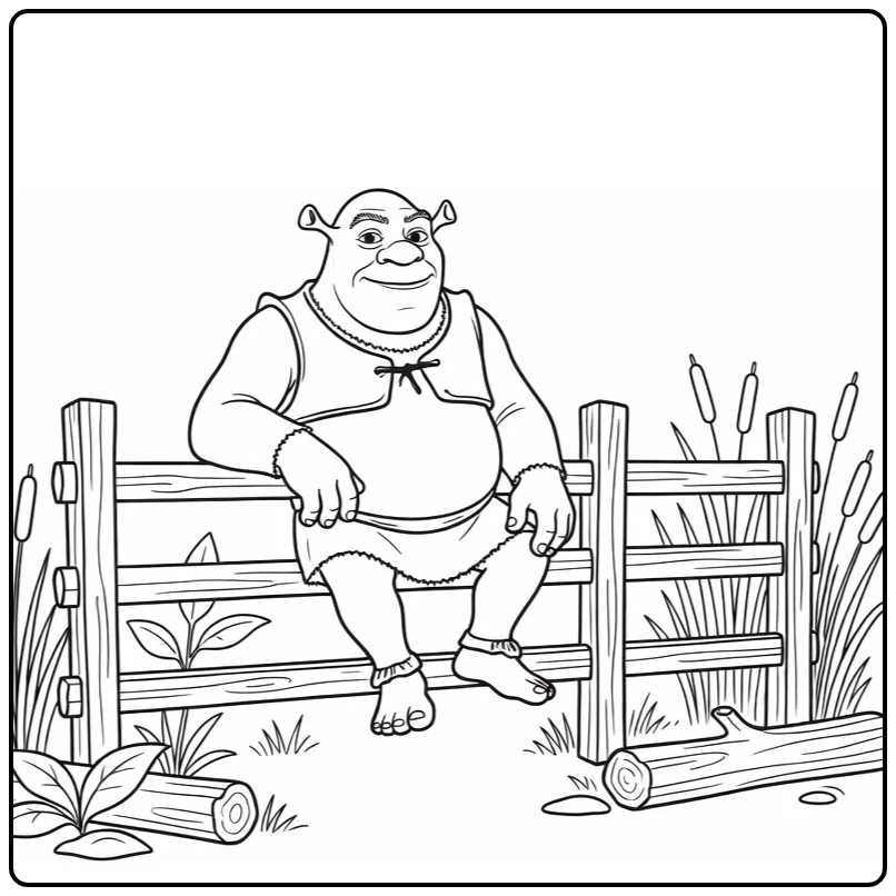 Shrek kleurplaat: Shrek zit ontspannen op houten hek met moerasplanten