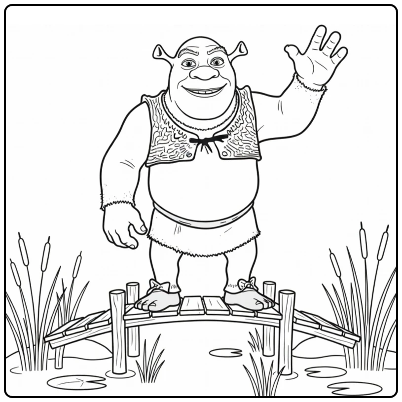 Shrek kleurplaat: Shrek zwaait vrolijk op moerasbrug