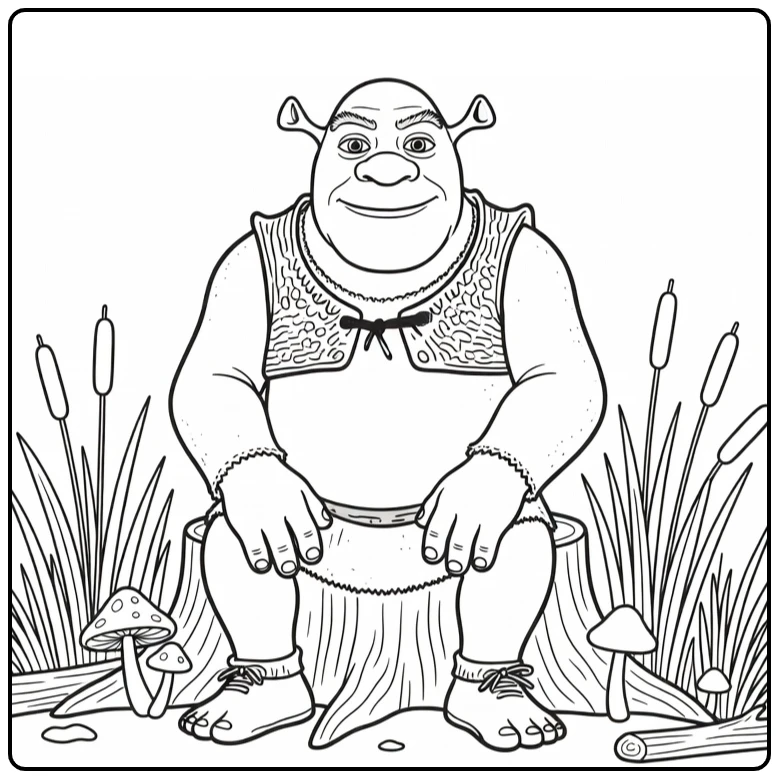 Shrek kleurplaat: Shrek glimlacht kalm op boomstronk in moeras met lisdodden en paddenstoelen