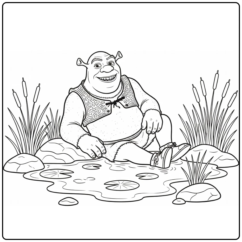 Shrek kleurplaat: ontspannen Shrek bij modderpoel met lelies