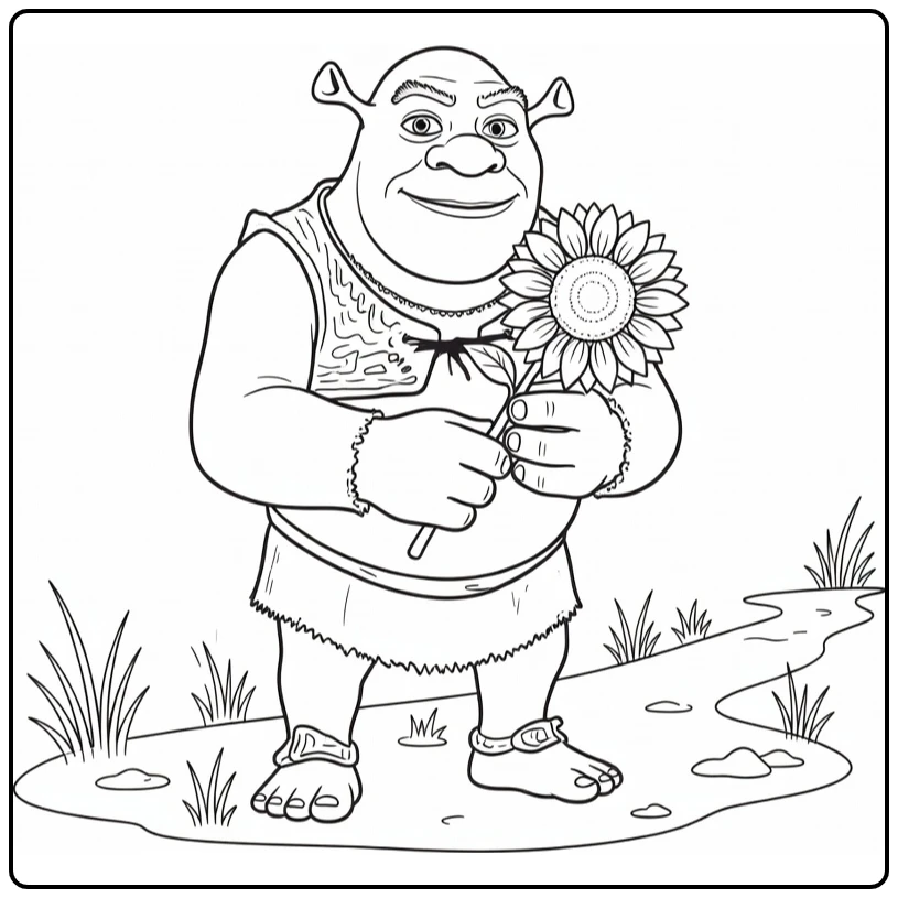 Shrek kleurplaat: Shrek bewondert zonnebloem nieuwsgierig