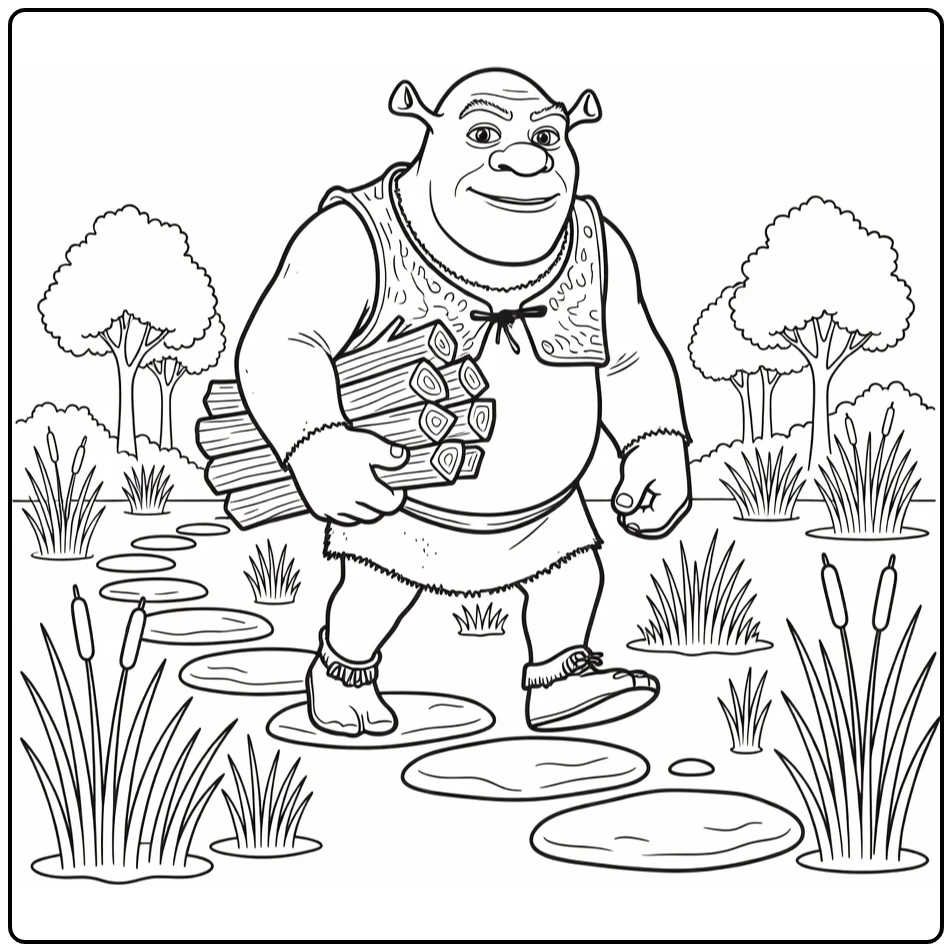 Shrek kleurplaat: Shrek loopt door moeras met houtbundel (58 karakters)