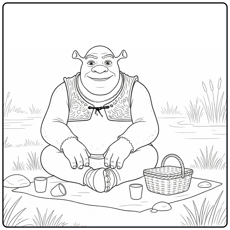 Shrek kleurplaat: picknick in moeras op gras met mandje
