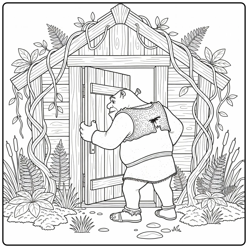 Shrek kleurplaat: Shrek opent houten deur moerashuis met planken, wijnranken