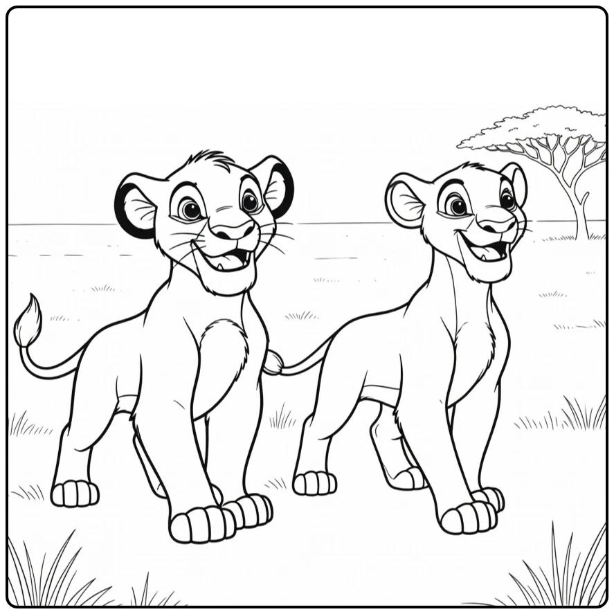 simba en nala kleurplaat: wandelend door savanne met blije gezichten