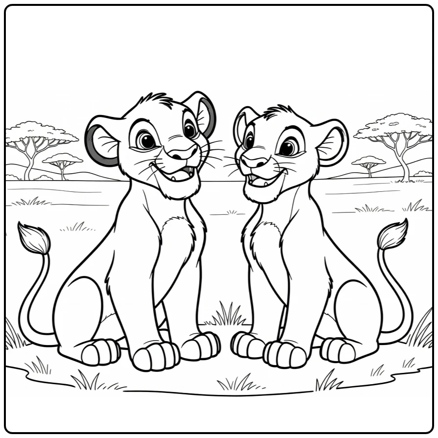 Simba en Nala kleurplaat: zittend op gras, glimlachend naar elkaar
