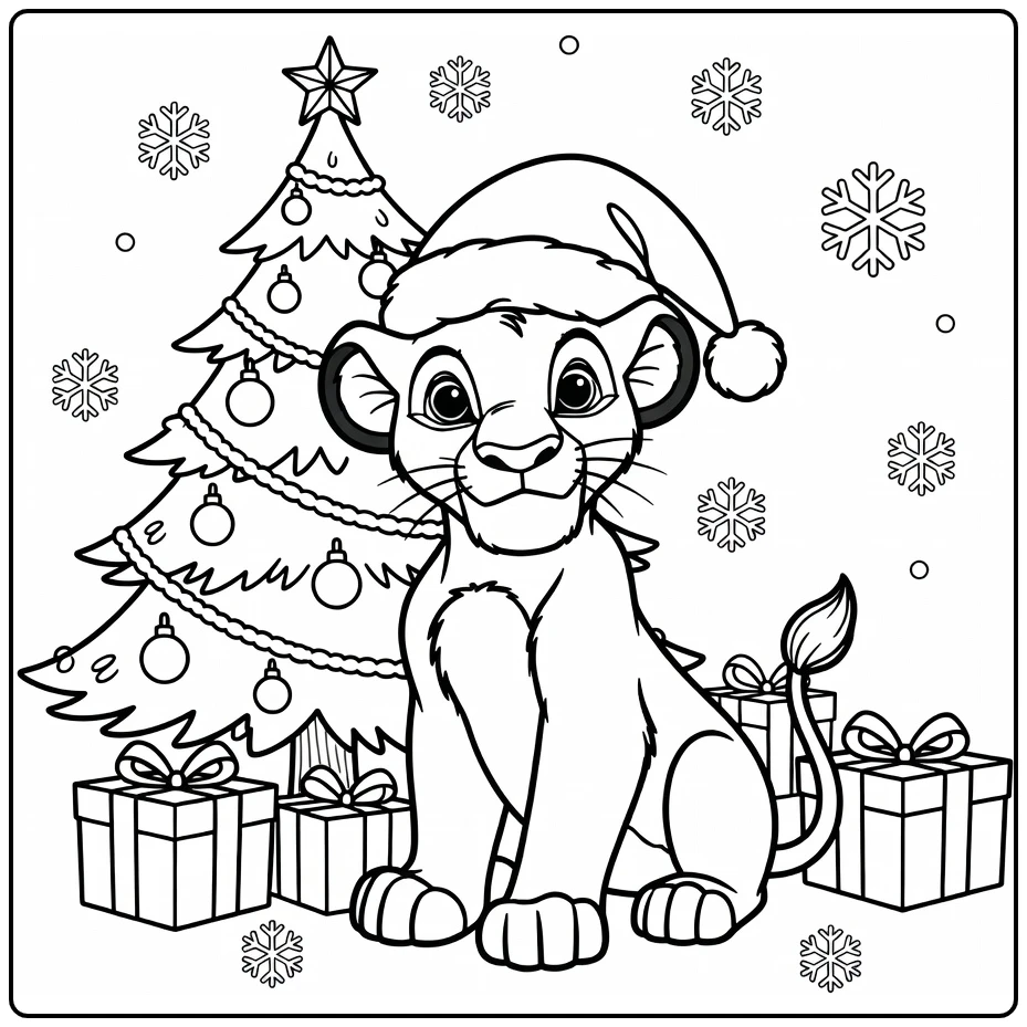Simba kerst kleurplaat met Santa-hoed bij boom (58 chars)