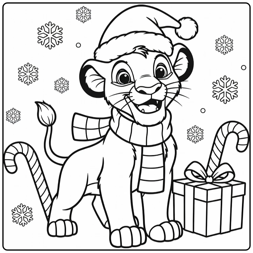 Simba kerst kleurplaat met kerstmuts, gestreepte sjaal, suikerstok