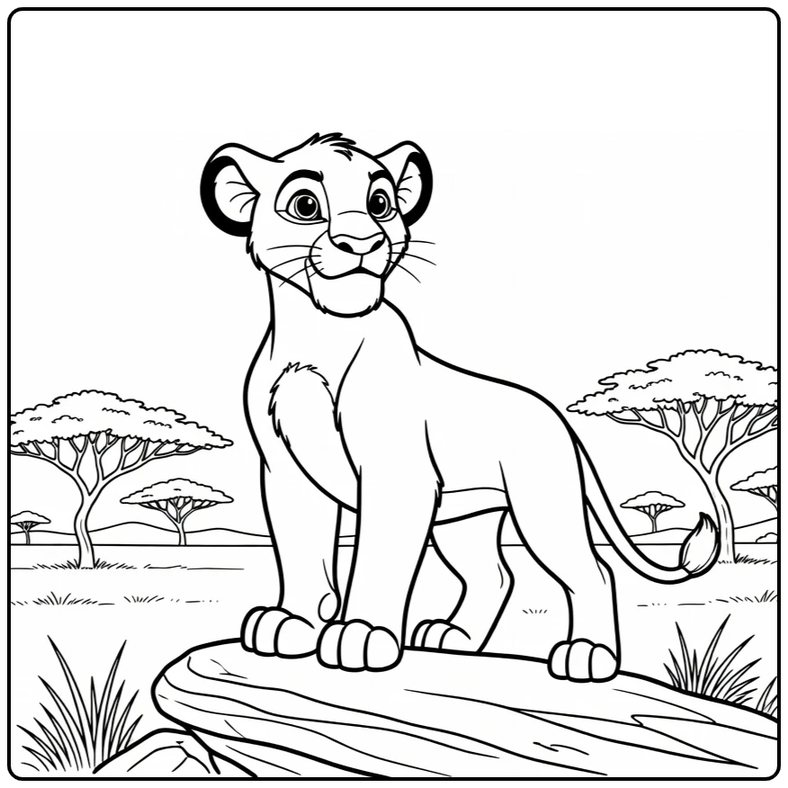 Simba kleurplaat: jonge Simba trots op Trotsrotsrichel met savanne