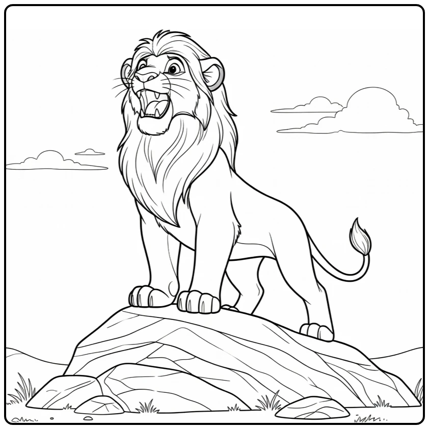 Simba kleurplaat: trots brullende Simba op rotsheuvel met wolken