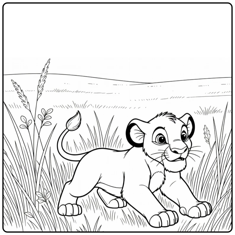 Simba kleurplaat: jonge Simba hurkt speels in hoog gras