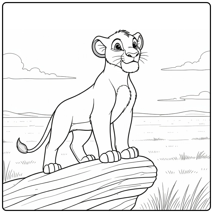 Simba kleurplaat: trots op Trotsrots, kalme blik over savanne