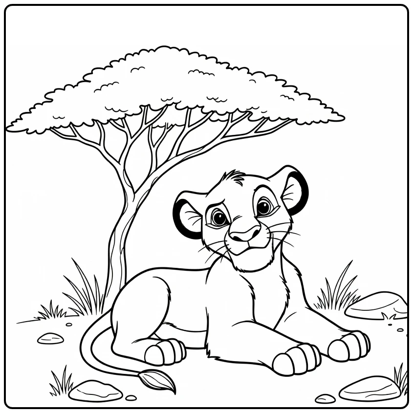 Simba kleurplaat: rustend onder acaciaboom met gras en stenen