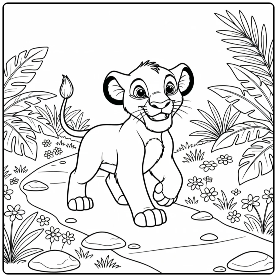 Simba kleurplaat: Vrolijke Simba op junglepad met bladeren