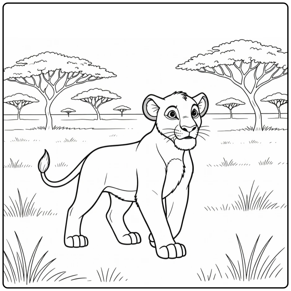 Simba kleurplaat: zelfverzekerd door savanne met acacia's