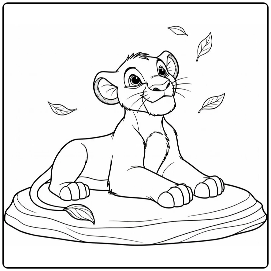 Simba kleurplaat: Simba op rots kijkt omhoog met bladeren