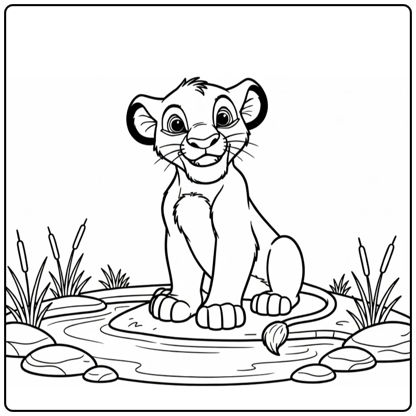 Simba kleurplaat: blije Simba bij waterpoel met riet