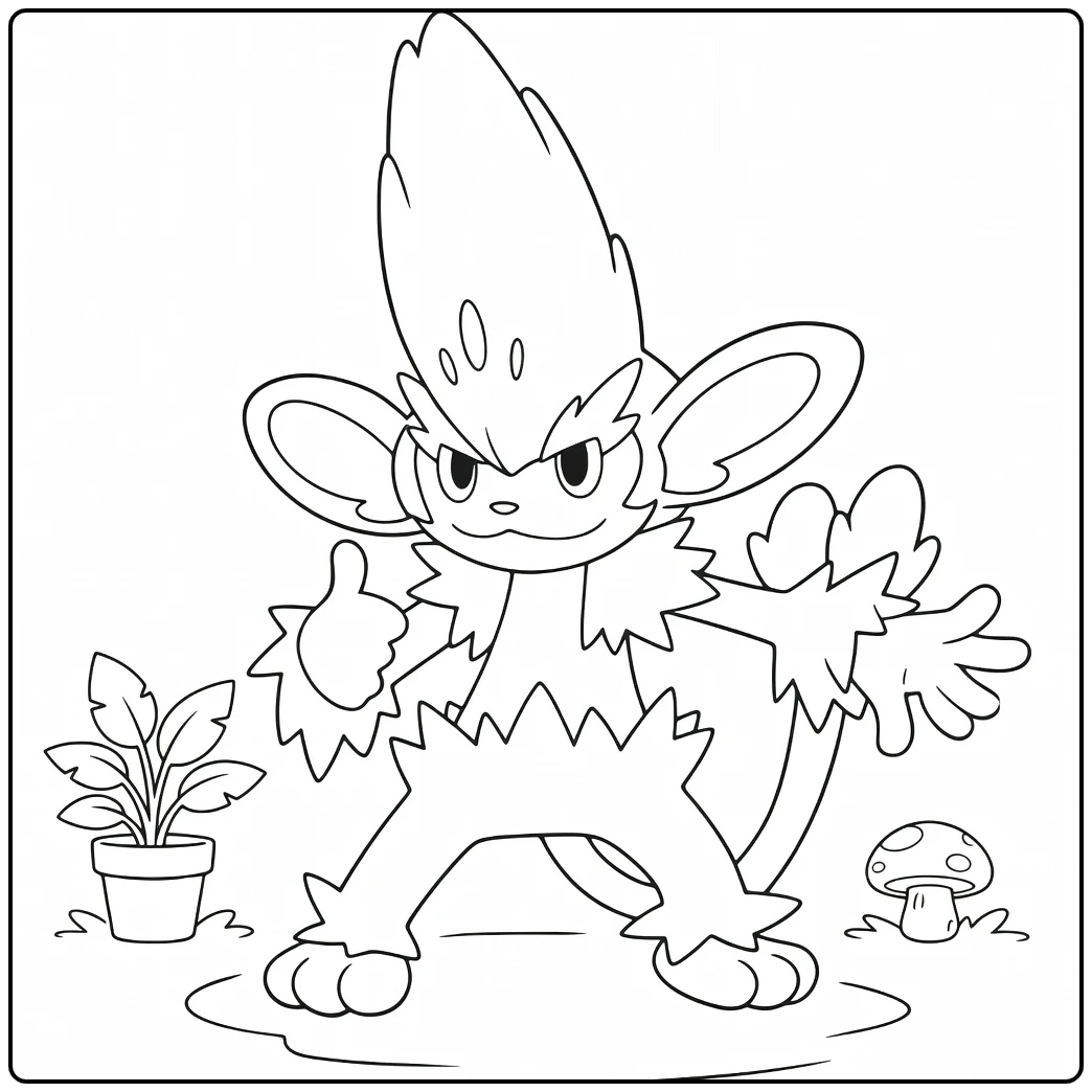 Simisage Kleurplaat: stoere Pokémon met duim omhoog en planten
