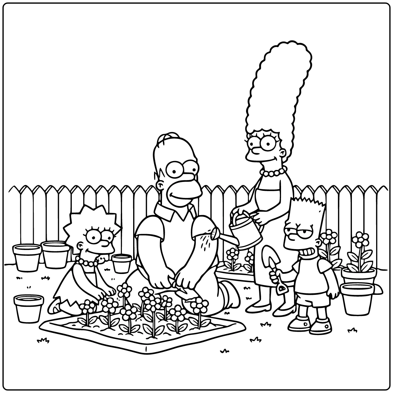 Simpsons kleurplaat: Homer plant bloemen in tuin met Marge
