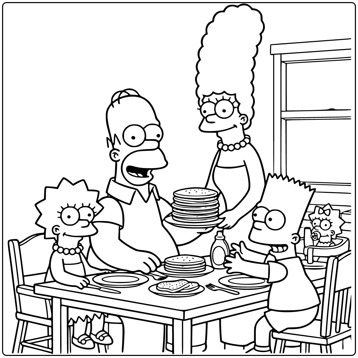 Simpsons kleurplaat: Homer centraal bij gezellig ontbijt met Marge